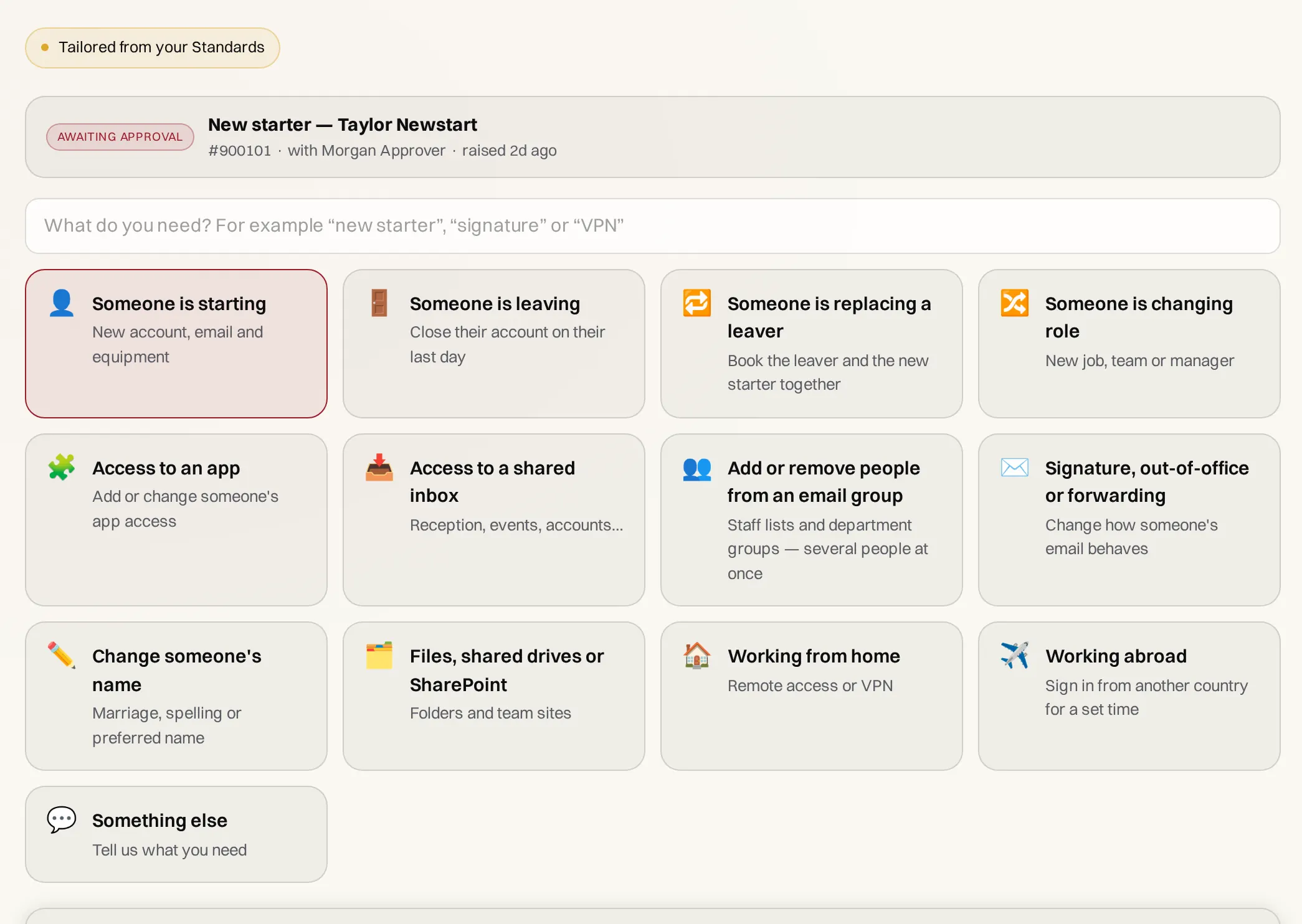 Raise a request: a grid of cards such as Someone is starting, Someone is leaving and Access to an app