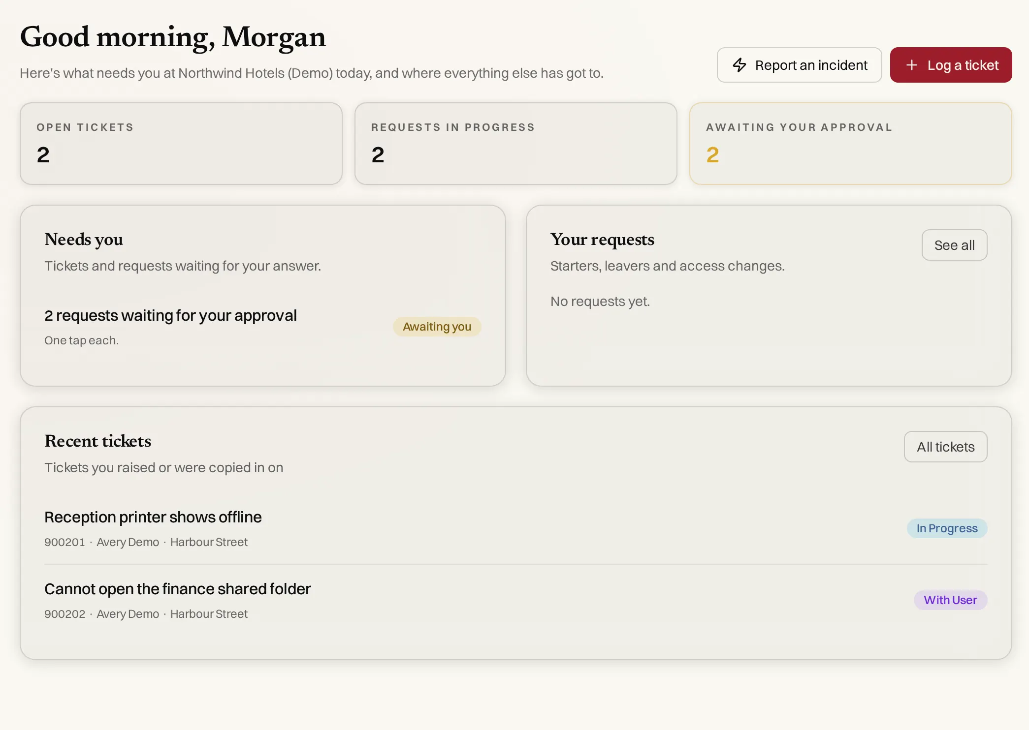 The Tickets page: Needs you, Your requests and Recent tickets above the ticket list