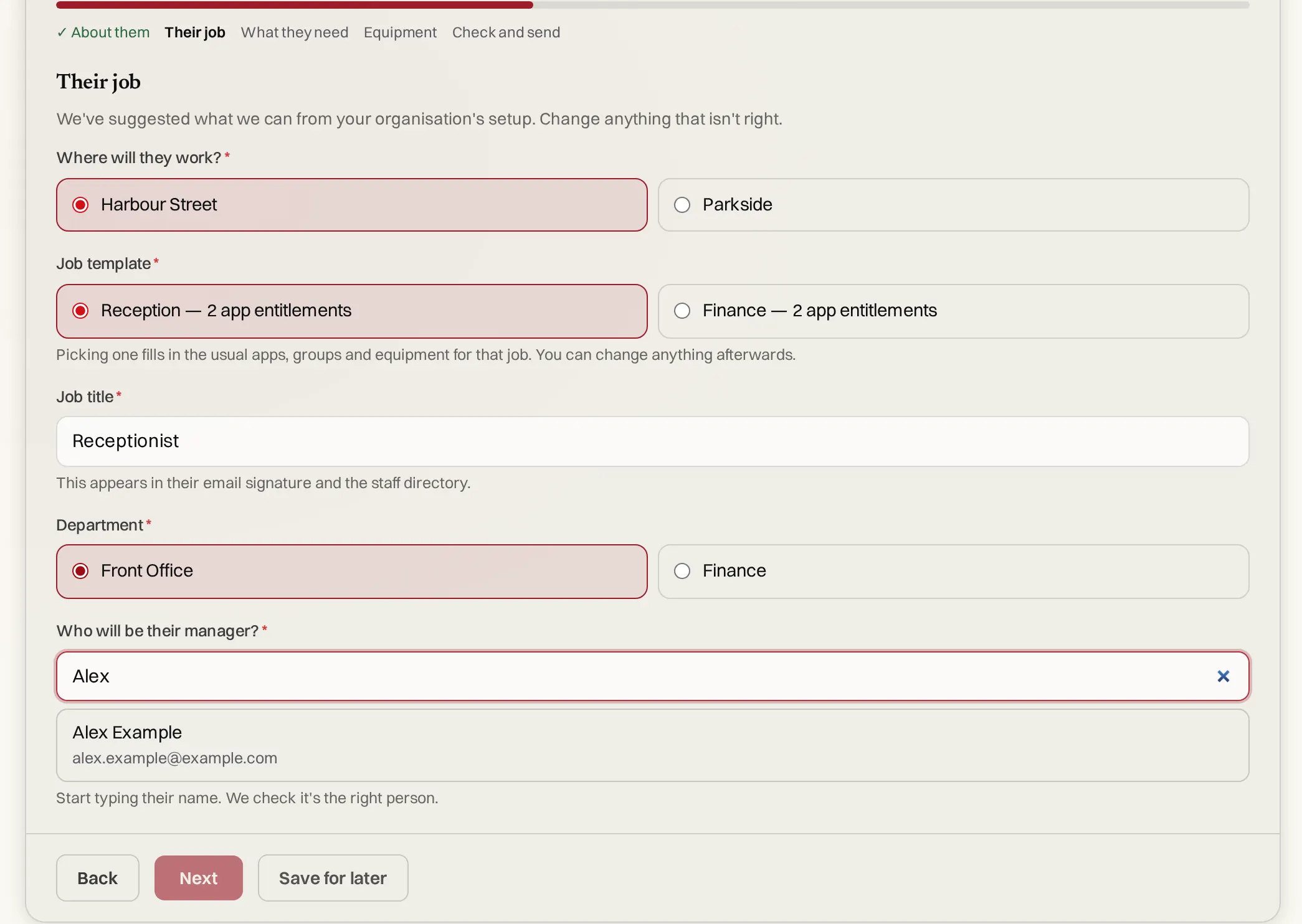 Starter step 2: site, job template, job title, department and manager search
