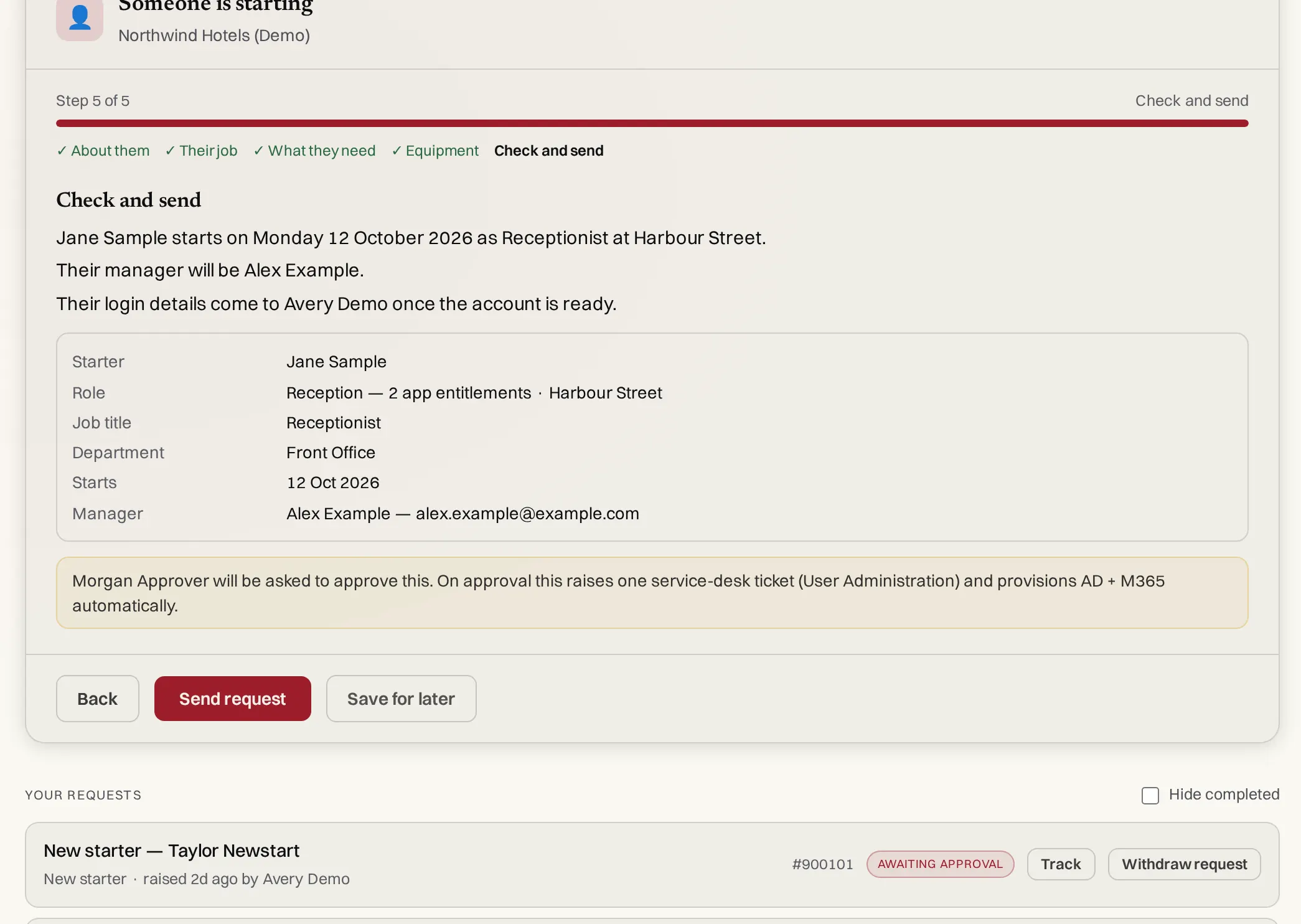 Check and send: a plain-English summary and a table of the starter's details, with a Send request button