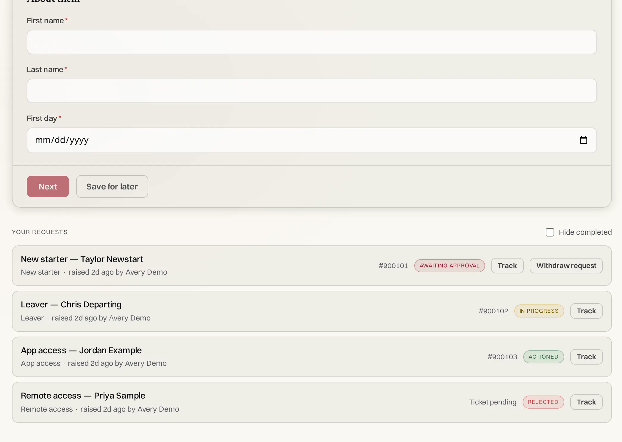 Your requests: a list of starter, leaver, app access and remote access requests with status labels and Track buttons