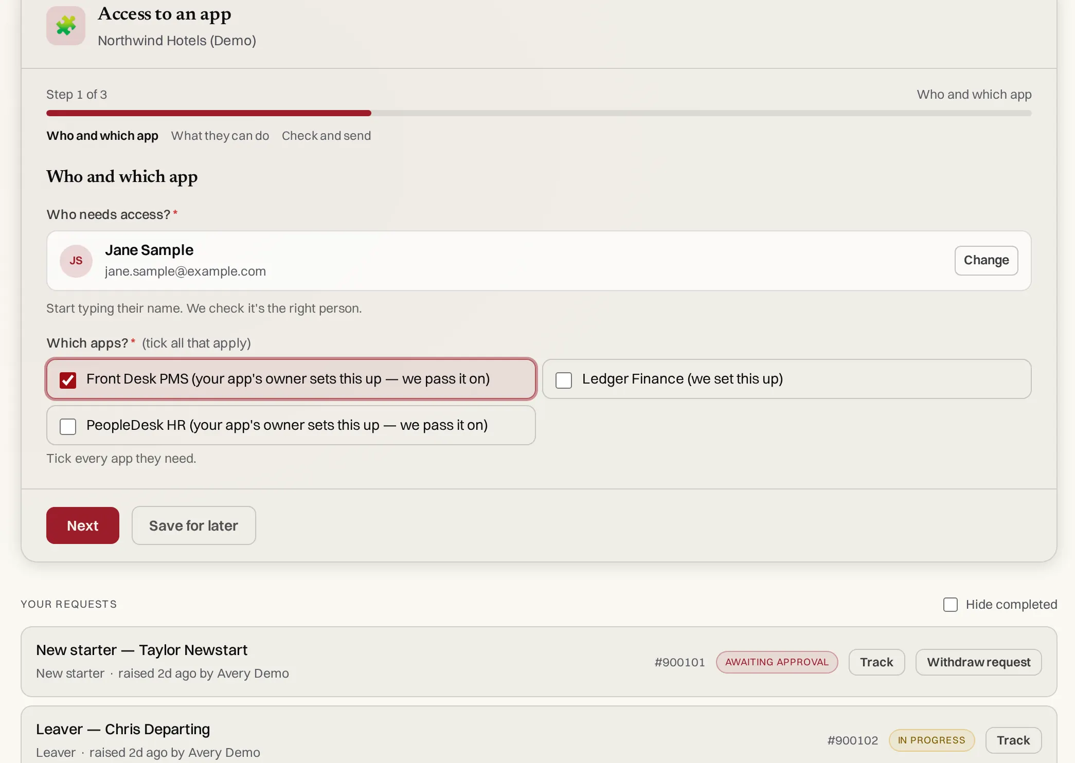 Access to an app: the person, and a list of apps to tick