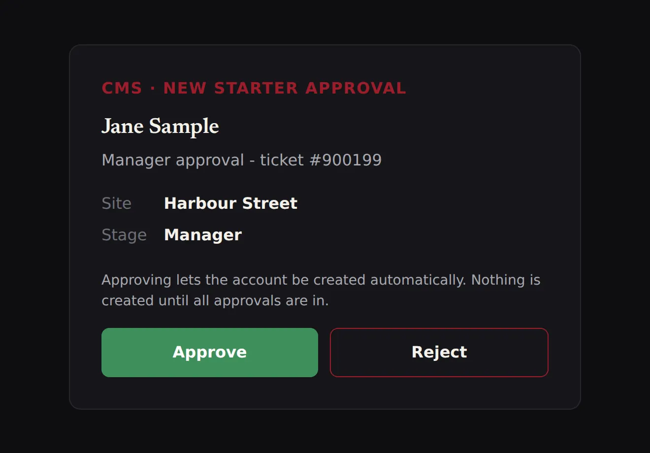 The approval page: new starter approval for Jane Sample, with Approve and Reject buttons