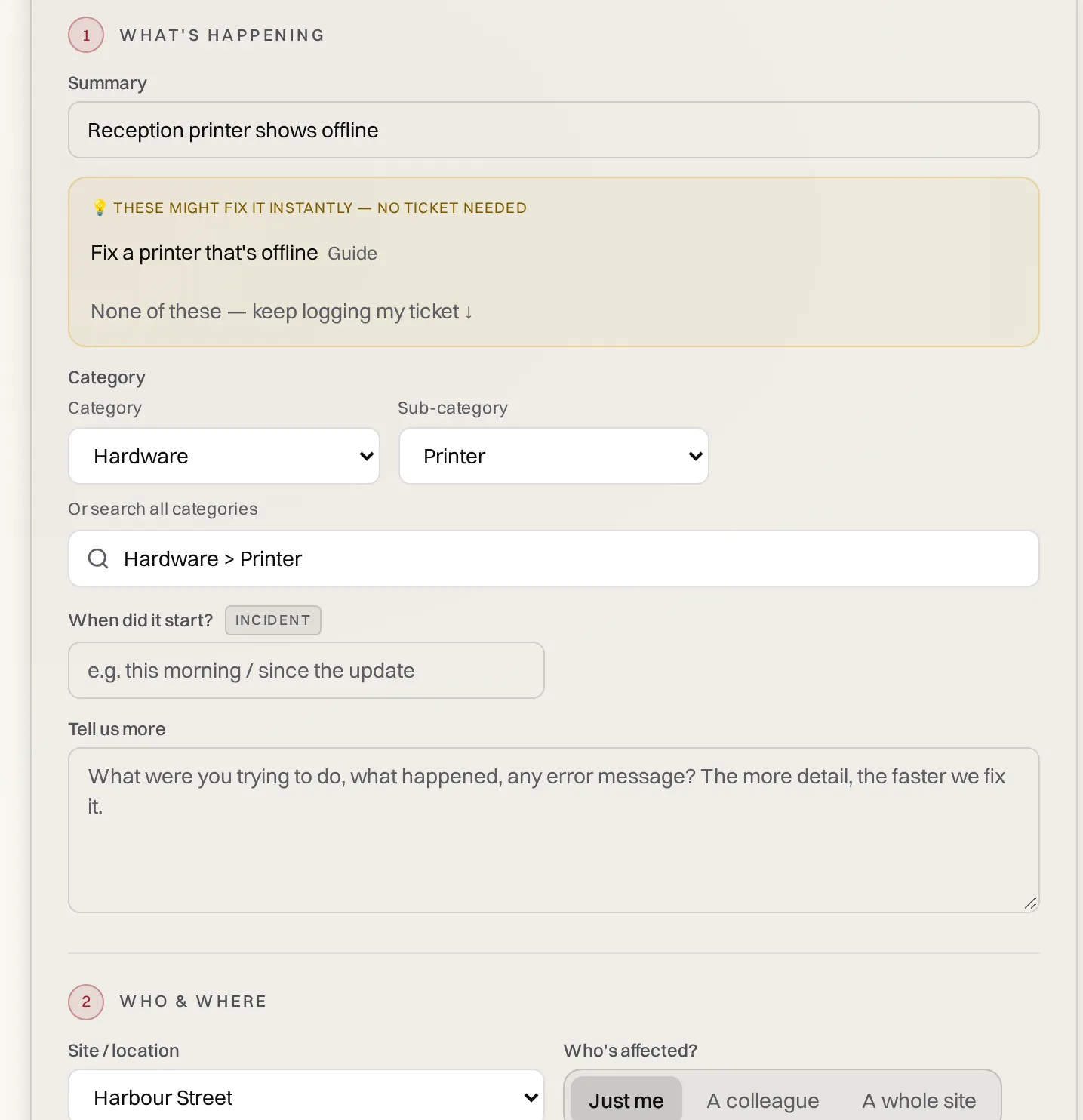 Log a ticket: summary, a suggested fix, Category and Sub-category drop-downs, and a Tell us more box