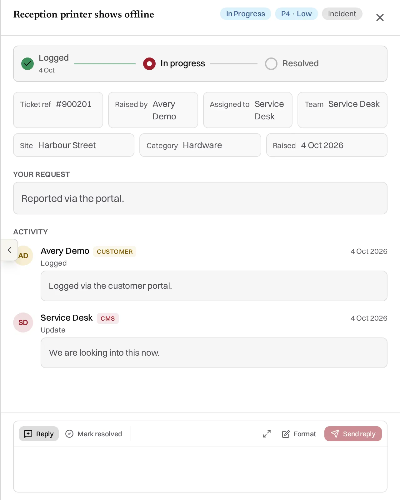 One ticket: a progress bar, ticket details, the activity conversation and a reply box