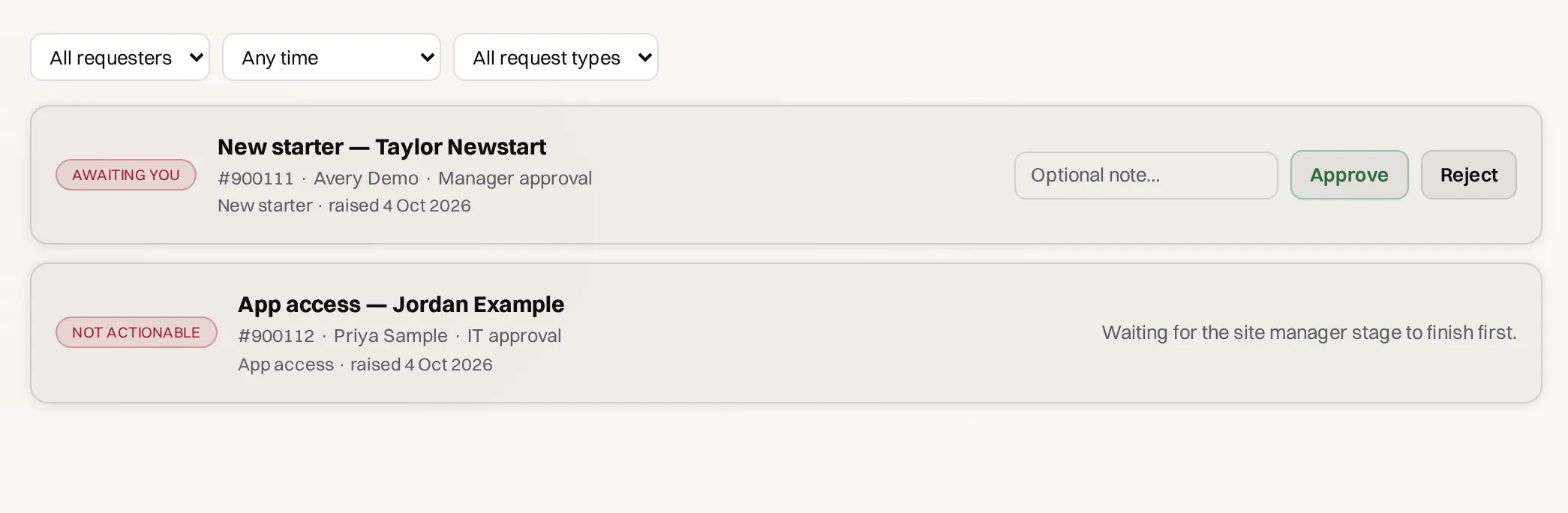 Approvals: one request awaiting you with Approve and Reject buttons, and one marked Not actionable