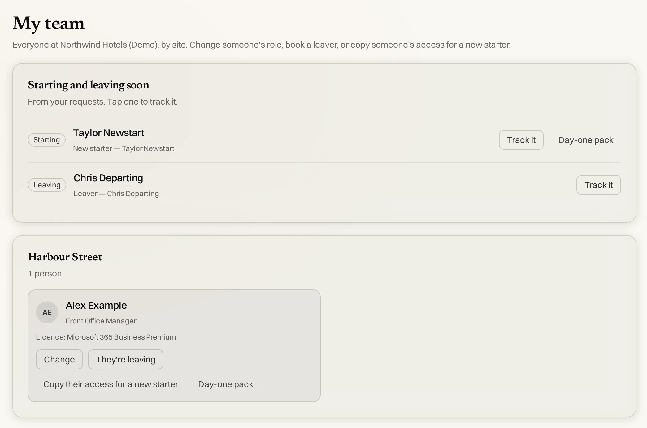 Your team: Starting and leaving soon, and people grouped by site with Change and They're leaving buttons