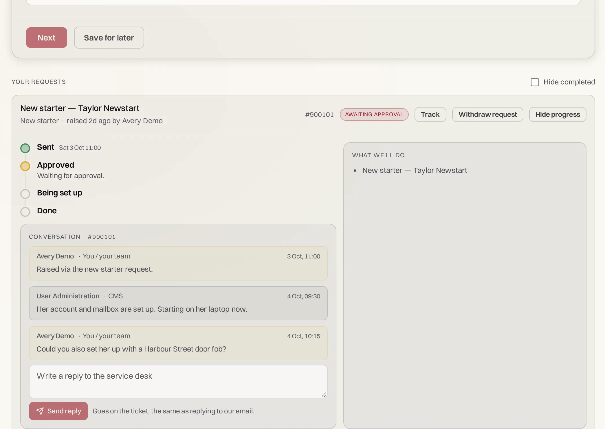 A tracked request showing progress steps, the conversation with CMS, and a reply box