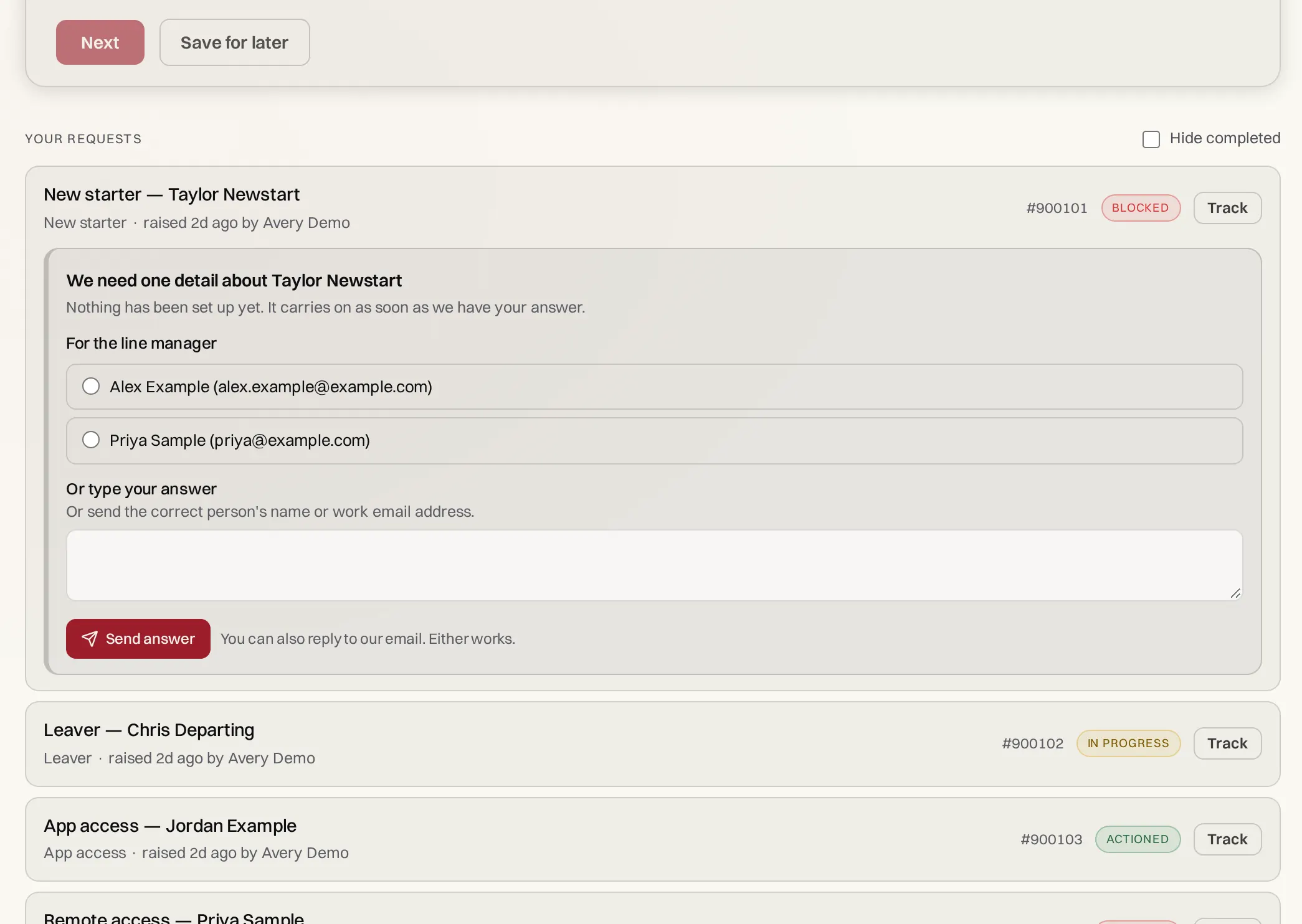A We need one detail card asking which person is the line manager, with options and a Send answer button
